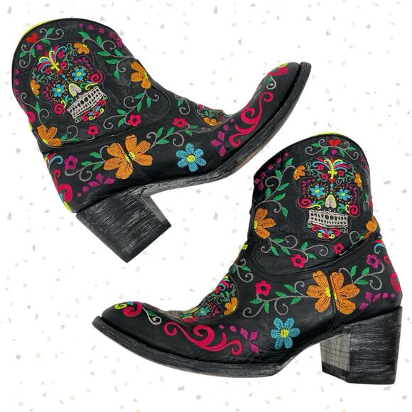 Old Gringo Sugar Skull Klak Neon Floral Ankle Western Cowboy Boots Size 10 - Picture 1 of 15